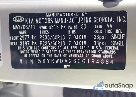 2012 Kia Sorento Sx V6 from USA, damaged, VIN 5XYKWDA26CG194384